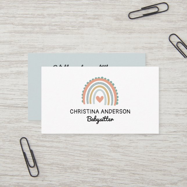 Carte De Visite Cute Boho Rainbow Pastel Heart Babysitter (Devant/Arrière en situation)
