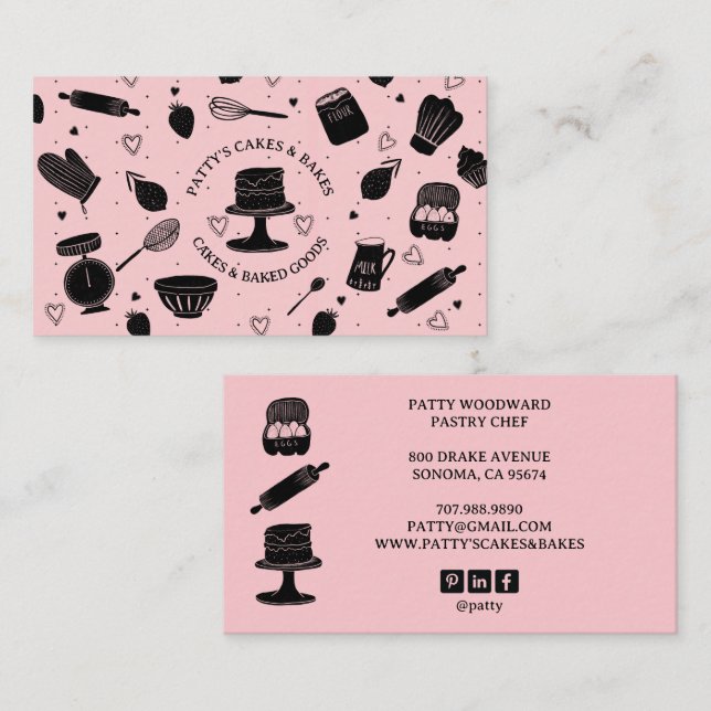 Carte De Visite Cute boulanger pâtissier Chef Cuisine Ustensiles R (Devant / Derrière)