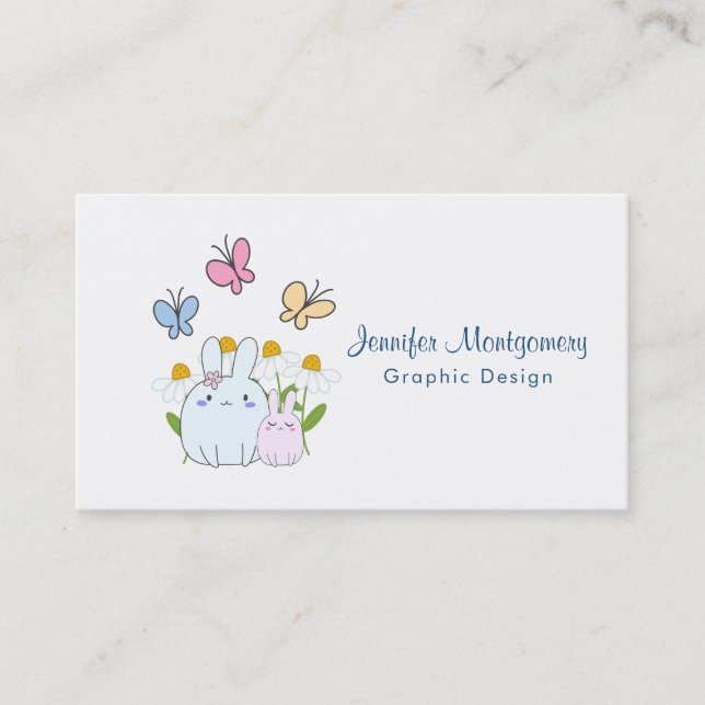 Carte De Visite Cute Bunnies avec marguerites de printemps et papi (Devant)