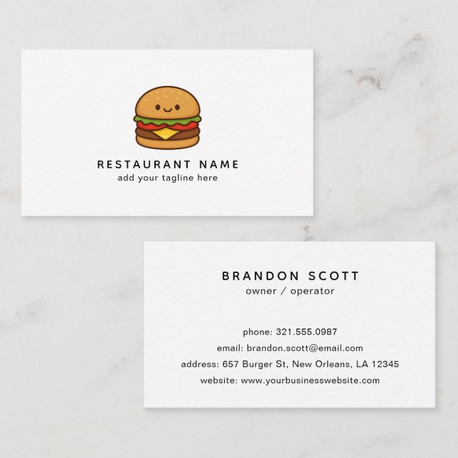 Carte De Visite Cute Burger Restaurant (Devant / Derrière)