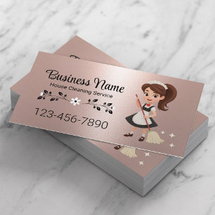 Carte De Visite Cute Cartoon Girl House Service de nettoyage Rose