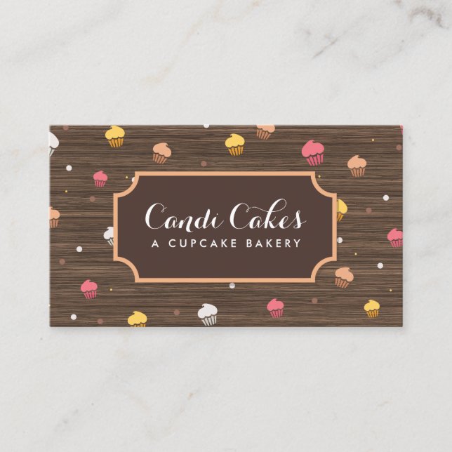Carte De Visite Cute Cupcakes Boulangerie Motif Bois Brown (Devant)