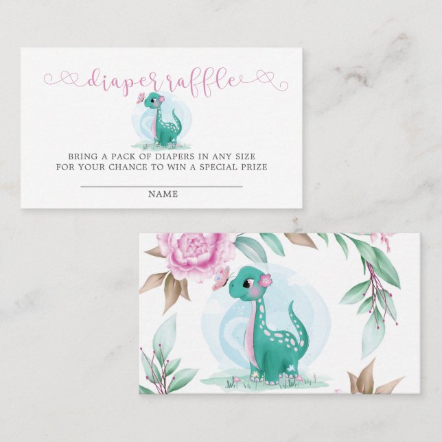 Carte De Visite Cute Dinosaur et Pink Peony Diaper Raffle Business (Devant / Derrière)