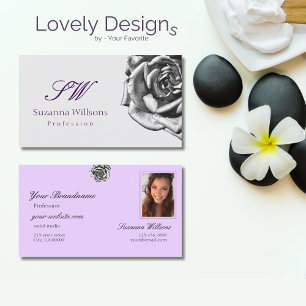 Carte De Visite Cute Draed Rose Plain Grey Lilac Initiales Photo