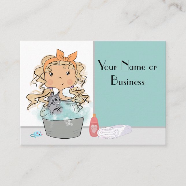 Carte De Visite Cute Girl and Cat Bath Pet Grooming (Devant)