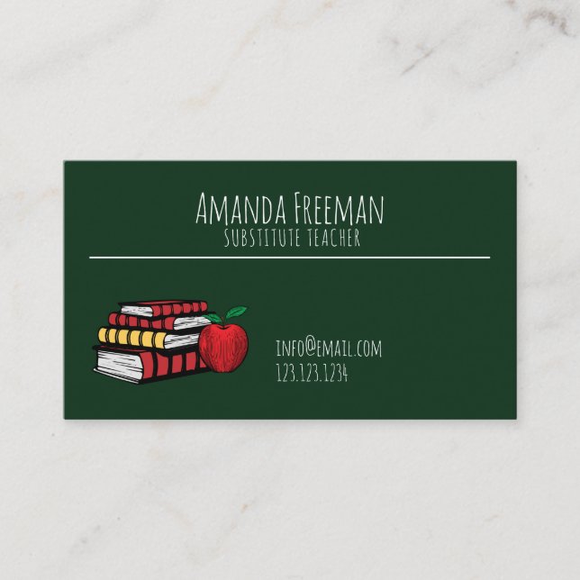 Carte De Visite Cute Green Chalkboard et livres Enseignant substit (Devant)