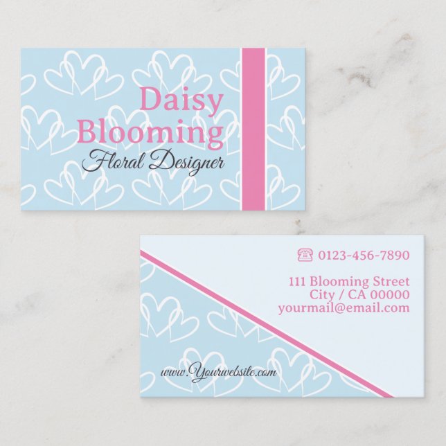 Carte De Visite Cute Heart Motif Pastel Pink Light Blue Florist (Devant / Derrière)