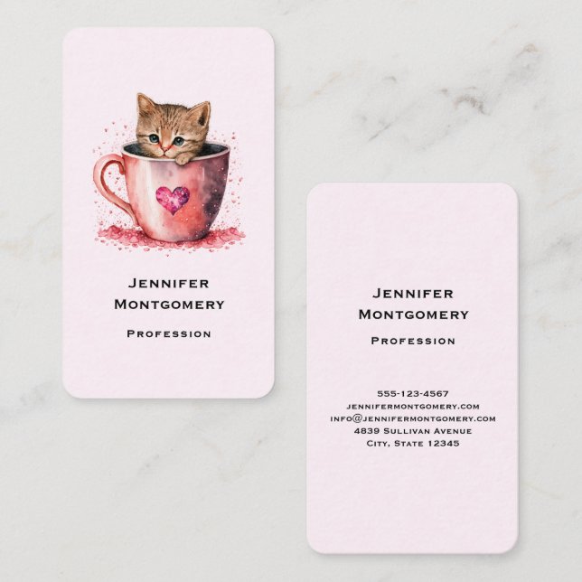 Carte De Visite Cute Kitten dans un Teacup avec les coeurs (Devant / Derrière)
