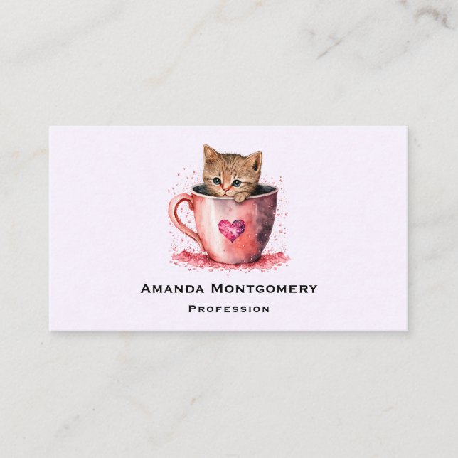 Carte De Visite Cute Kitten dans un Teacup avec les coeurs (Devant)