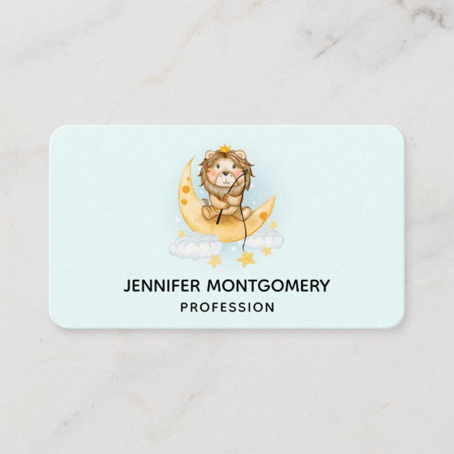 Carte De Visite Cute Lion Pêche sur l'aquarelle de la lune (Devant)