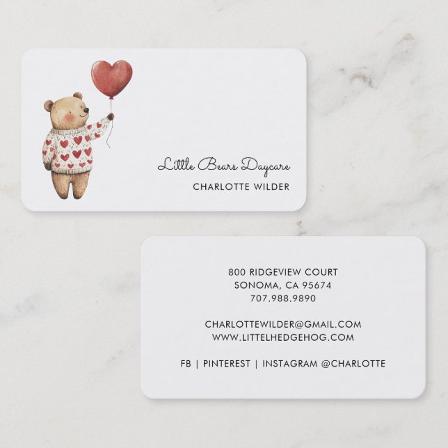Carte De Visite Cute Little Bear Daycare Business Card (Devant / Derrière)