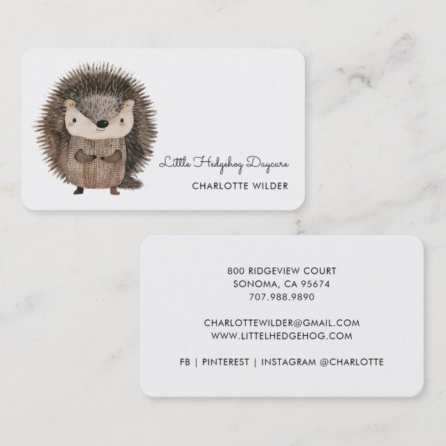 Carte De Visite Cute Little Hedgehog Daycare Business Card (Devant / Derrière)