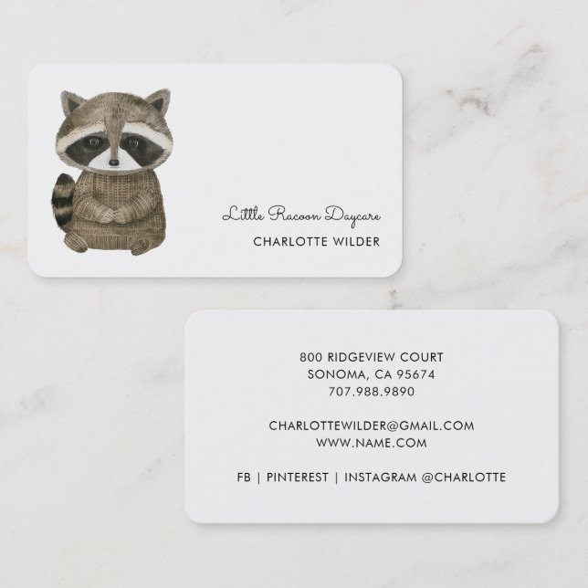 Carte De Visite Cute Little Raccoon Daycare Business Card (Devant / Derrière)