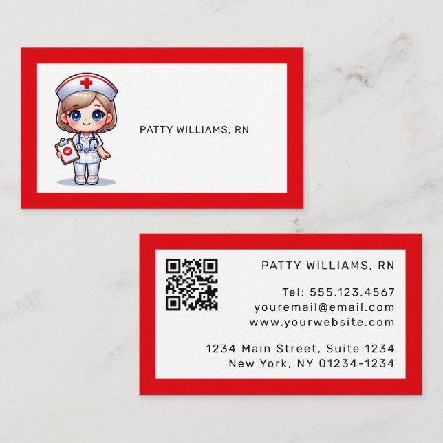 Carte De Visite Cute Manga Nurse avec cheveux blonds Code QR (Devant / Derrière)