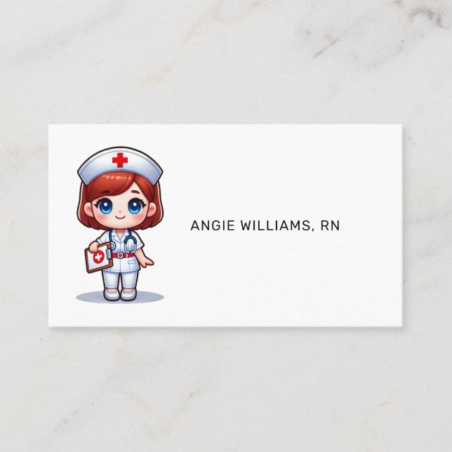 Carte De Visite Cute Manga Nurse avec cheveux rouge bleu yeux Pers (Devant)