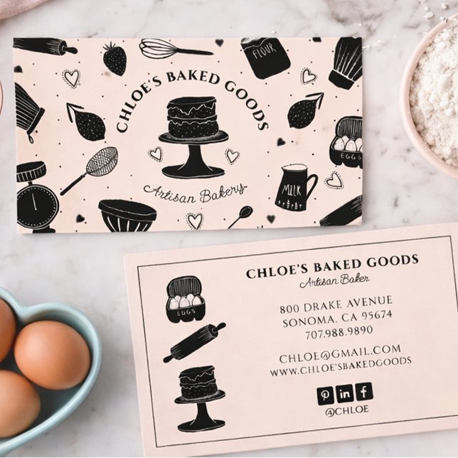 Carte De Visite Cute Pink Black Baking Utensils Bakery (Créateur téléchargé)