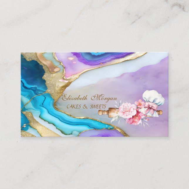 Carte De Visite Cute Rolling Pin Flowers Bakery Holographic (Devant)