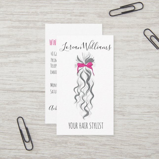 Carte De Visite Cute Rose Bow Gris et Blanc Braider Hair Style (Devant/Arrière en situation)