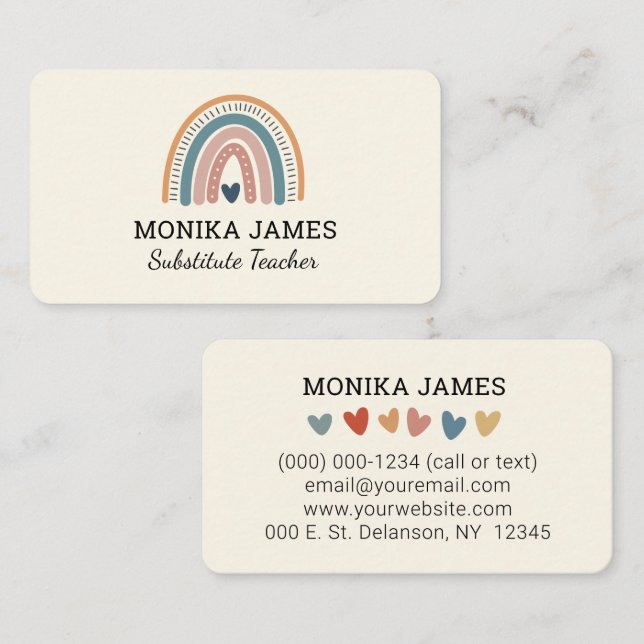 Carte De Visite Cute Substitut Enseignant Crème Boho Arc-en-ciel (Devant / Derrière)