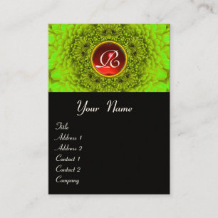 Carte De Visite Dahlia vert monogramme, rouge RUBIS noir jaune