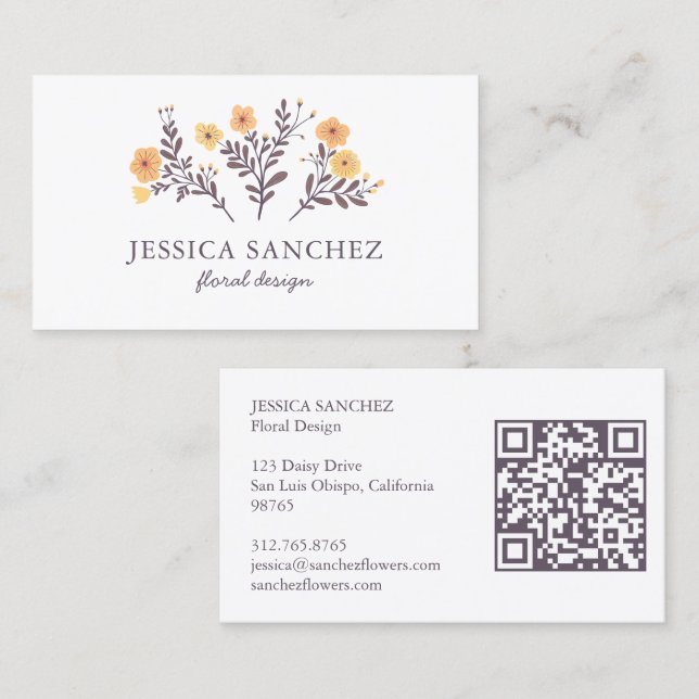 Carte De Visite Dainty Florals Élégant Chic Moderne Minimal QR Cod (Devant / Derrière)