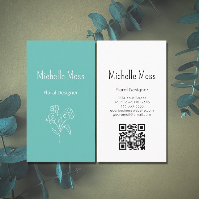 Carte De Visite Daisy tendance code QR Turquoise Floral Designer (Créateur téléchargé)