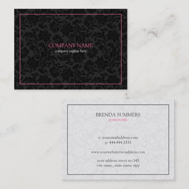 Carte De Visite damas floral noir et blanc réversible (Devant / Derrière)