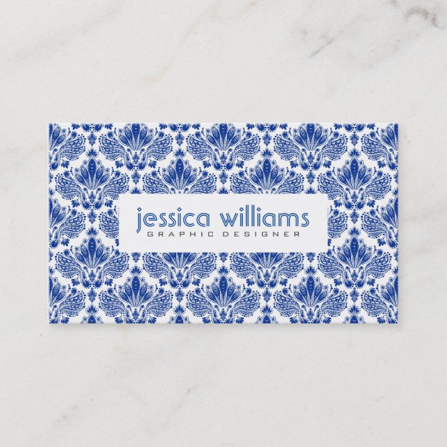 Carte De Visite Damas Florales Bleues Sur Blanc (Devant)