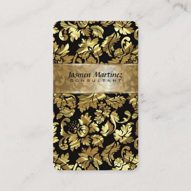 Carte De Visite Damas Florales Métallurgiques Noir Et Or (Devant)