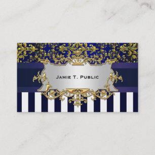 Carte De Visite Damask Bleu Blancs, Bleu Ruban, Or \Étiquette
