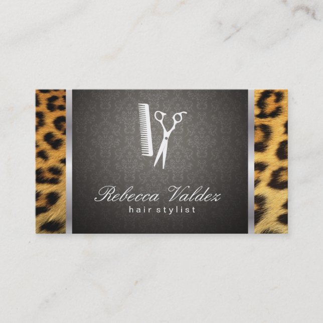 Carte De Visite Damask Cheetah Print Silver Trim (Devant)
