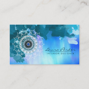 Carte De Visite Damask Mandala Mer Aquarelle Abstraite Bleu
