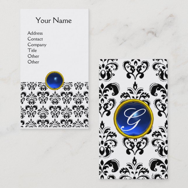 Carte De Visite DAMASK MONOGRAM Jeu bleu noir blanc coquille (Devant / Derrière)