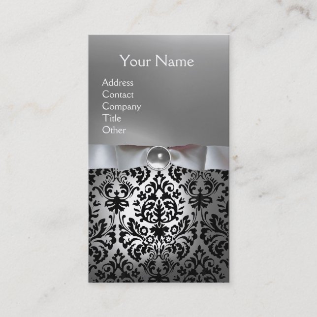 Carte De Visite DAMASK MONOGRAM joyau blanc ruban noir (Devant)