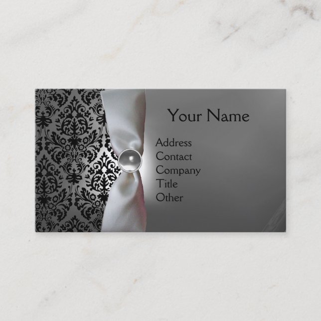 Carte De Visite DAMASK MONOGRAM ruban blanc noir (Devant)