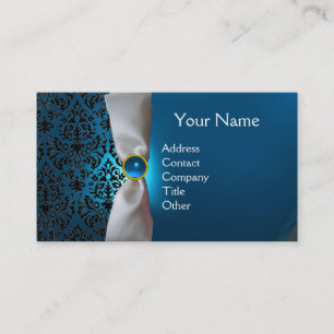Carte De Visite DAMASK MONOGRAM ruban blanc noir bleu