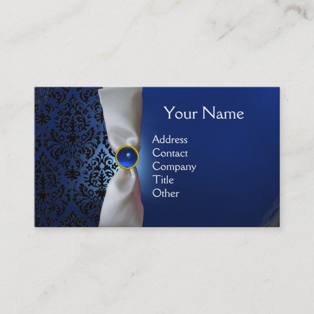 Carte De Visite DAMASK MONOGRAM ruban blanc noir bleu foncé (Devant)