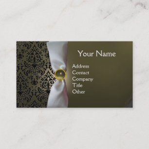 Carte De Visite DAMASK MONOGRAM ruban blanc noir gris