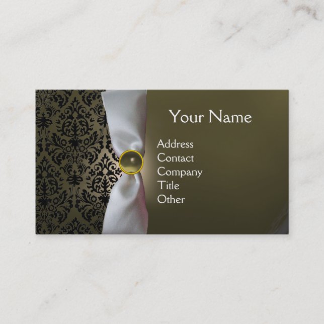 Carte De Visite DAMASK MONOGRAM ruban blanc noir gris (Devant)