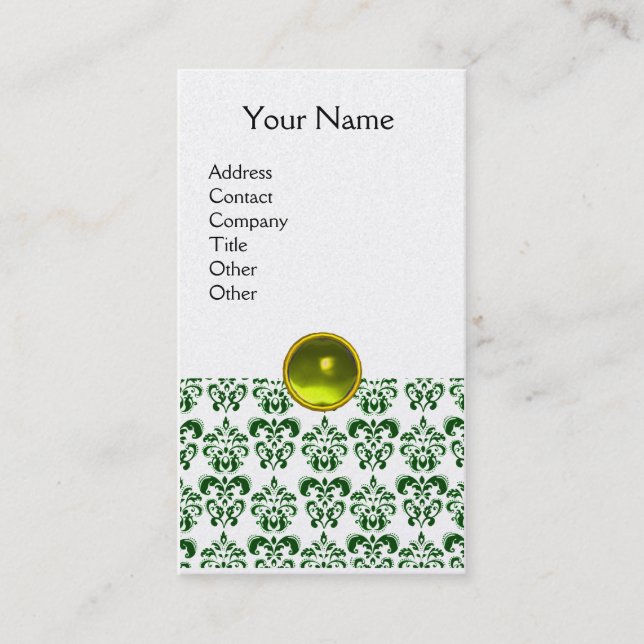 Carte De Visite DAMASK SOMBRE VERT MONOGRAM Joyau jaune perle blan (Devant)