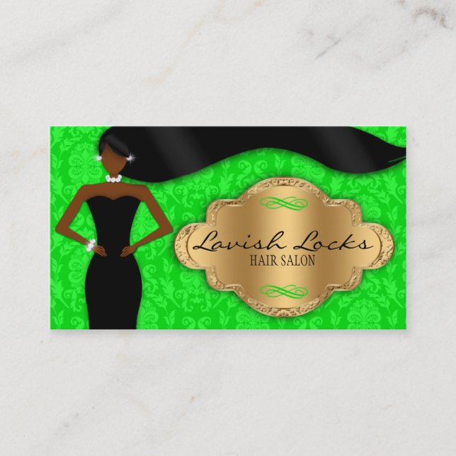 Carte De Visite Damassé d'or vert de coiffeur d'Afro-américain (Devant)