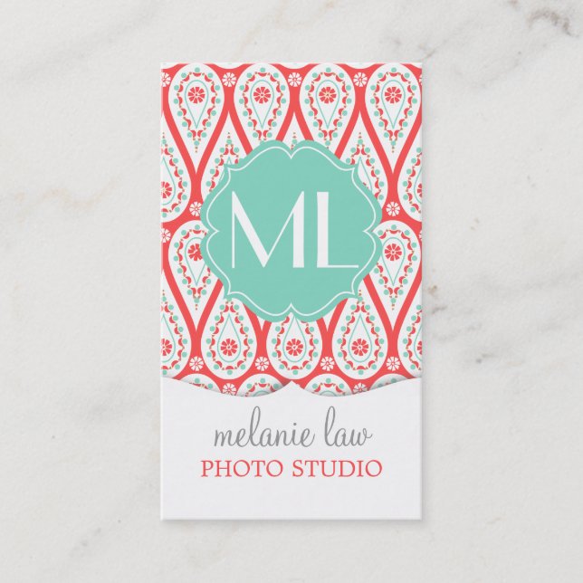 Carte De Visite Damassé élégante moderne Paisley de corail (Devant)