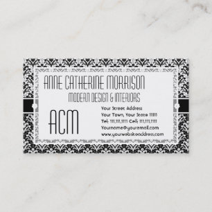 Carte De Visite Damassé florale d'art déco noir et blanc élégant