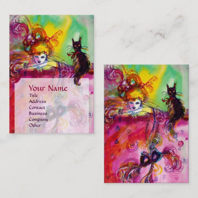 Carte De Visite DAME AVEC CHAT NOIR / Bal mascarade vénitienne (Devant / Derrière)