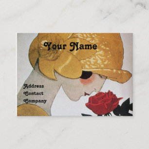 CARTE DE VISITE DAME AVEC ROSE ROUGE BEAUTY MODE COSTUME DESIGNER