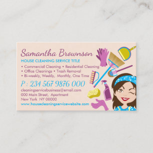 Carte De Visite Dame de service rose beige dessin animé maison pro