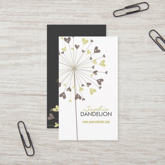 Carte De Visite Dandelions Brown Whimsical Love Hearts Modern Chic (Devant/Arrière en situation)