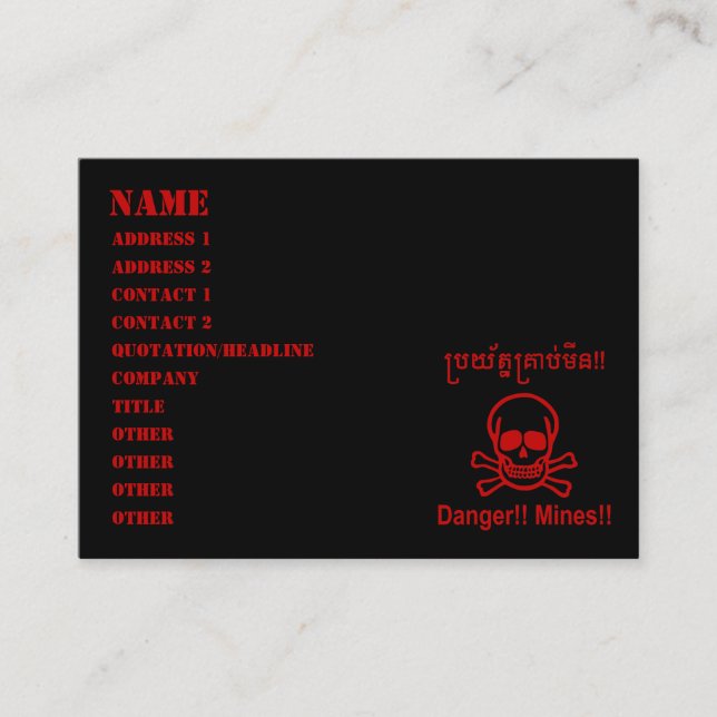 Carte De Visite Danger ! ! Les mines ! ! SYMBOLE ☠ Cambodgien Khme (Devant)