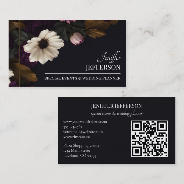 Carte De Visite Dark Floral event wedding planner (Devant / Derrière)