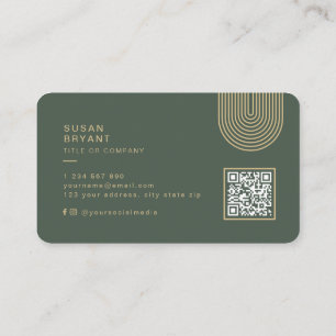 Carte De Visite Dark Green Moderne Monogramme QR code médias socia